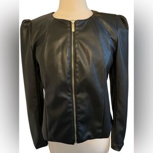 Liz Claiborne Black Vegan Faux Leather gold zip up Jacket w/pockets Size Medium
